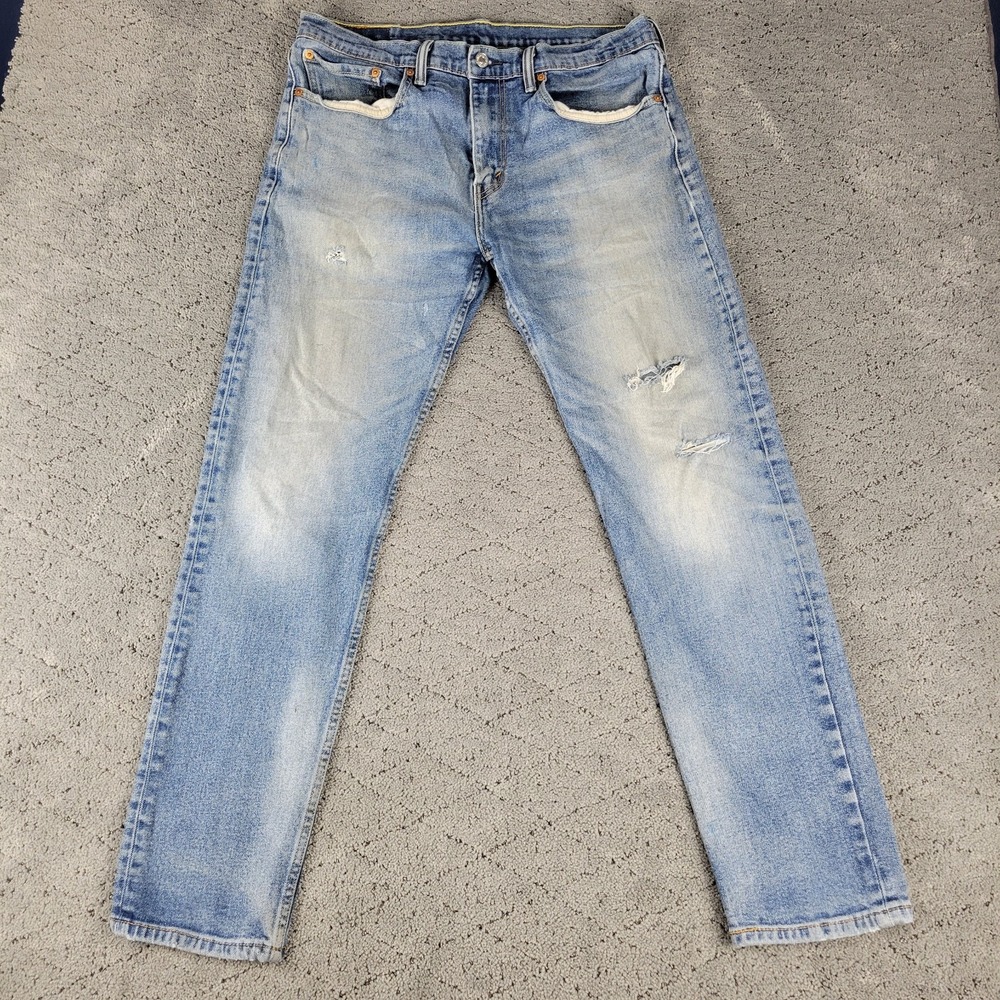 Levis 502 Jeans Mens 34x32 Blue Tapered‎ Faded Distressed Ripped Denim Mid Rise